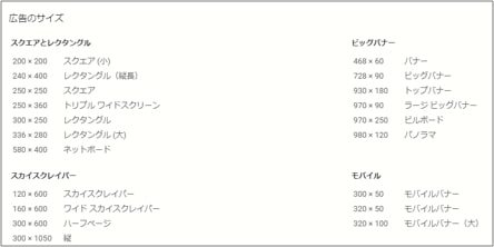 Google広告のディスプレイネットワークで公表されているものは20種類ある。このうちインプレッションが多い5つ程度を作成することが一般的だが、レスポンシブディスプレイ広告により必要性がなくなってきた。