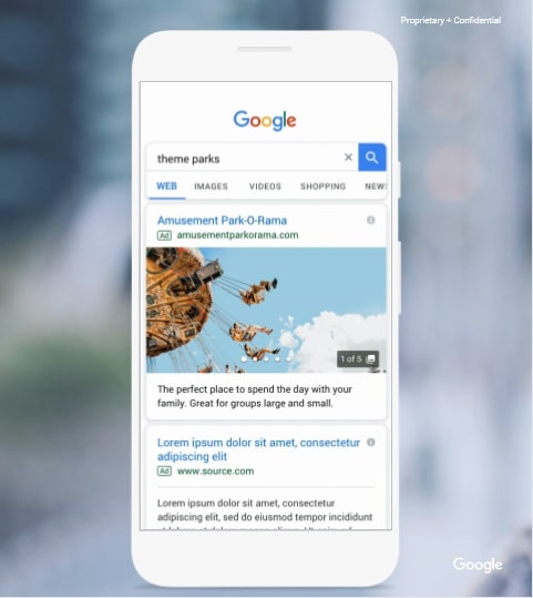 画像：Google　ギャラリー広告はテキストとスワイプ可能な数枚の画像で表示される。これまで検索結果に画像が表示できるのはショッピング広告のみだったため非常にインパクトがある。