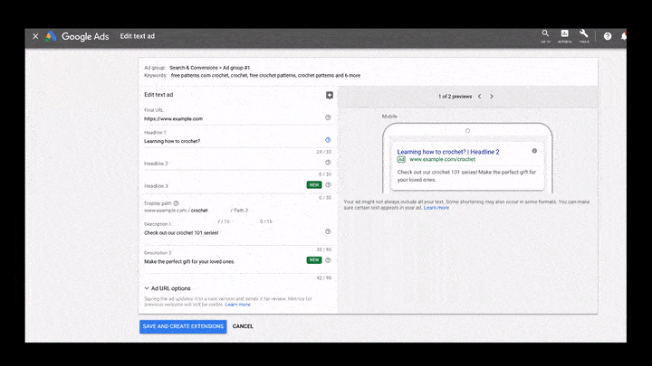画像：Google　広告作成時にポリシーに違反する内容を入力してしまった場合、保存する前に検出され対応するポリシーの詳細が表示される。