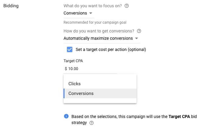 画像：Google　ディスプレイ広告において支払い対象に「コンバージョン」が選べるようになった。