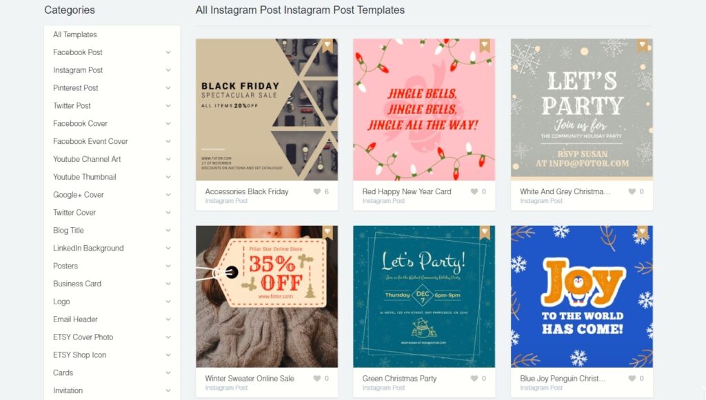 FotorにはFacebook、Instagram、Twitterの投稿、カバー画像、YouTubeのサムネイルなど、利用シーンによってカテゴライズされた無数のテンプレートがある