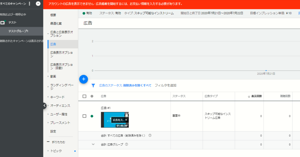 作成した動画広告はまず審査される。「審査中」のステータスが「承認済み」になったら広告が配信できる状態になる。